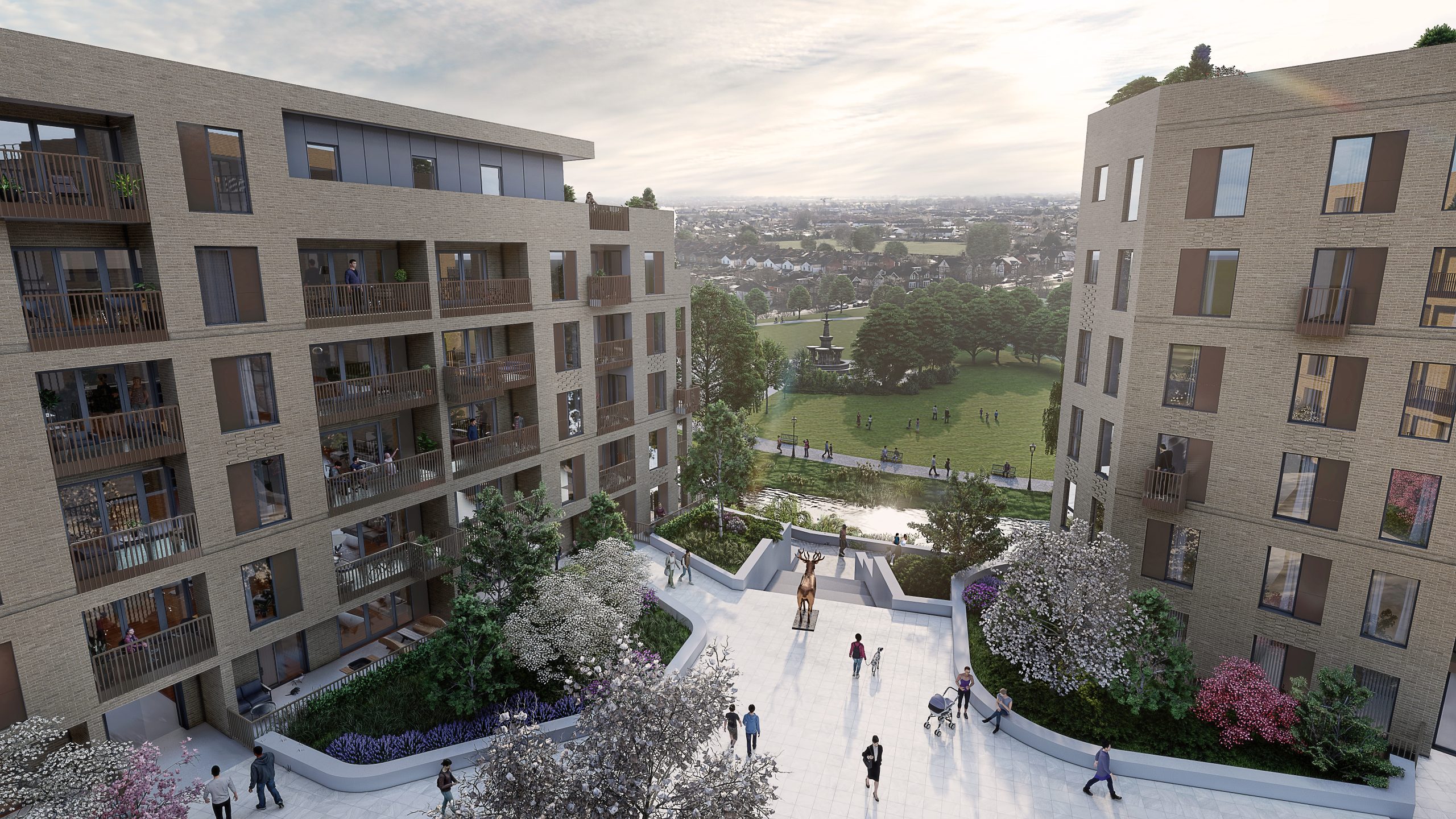 CGI of a courtyard area within a block of apartments